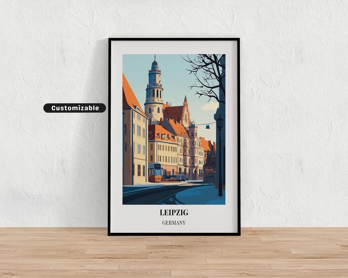 Leipzig Germany Old Town Travel Poster with Historic Tower and Tram