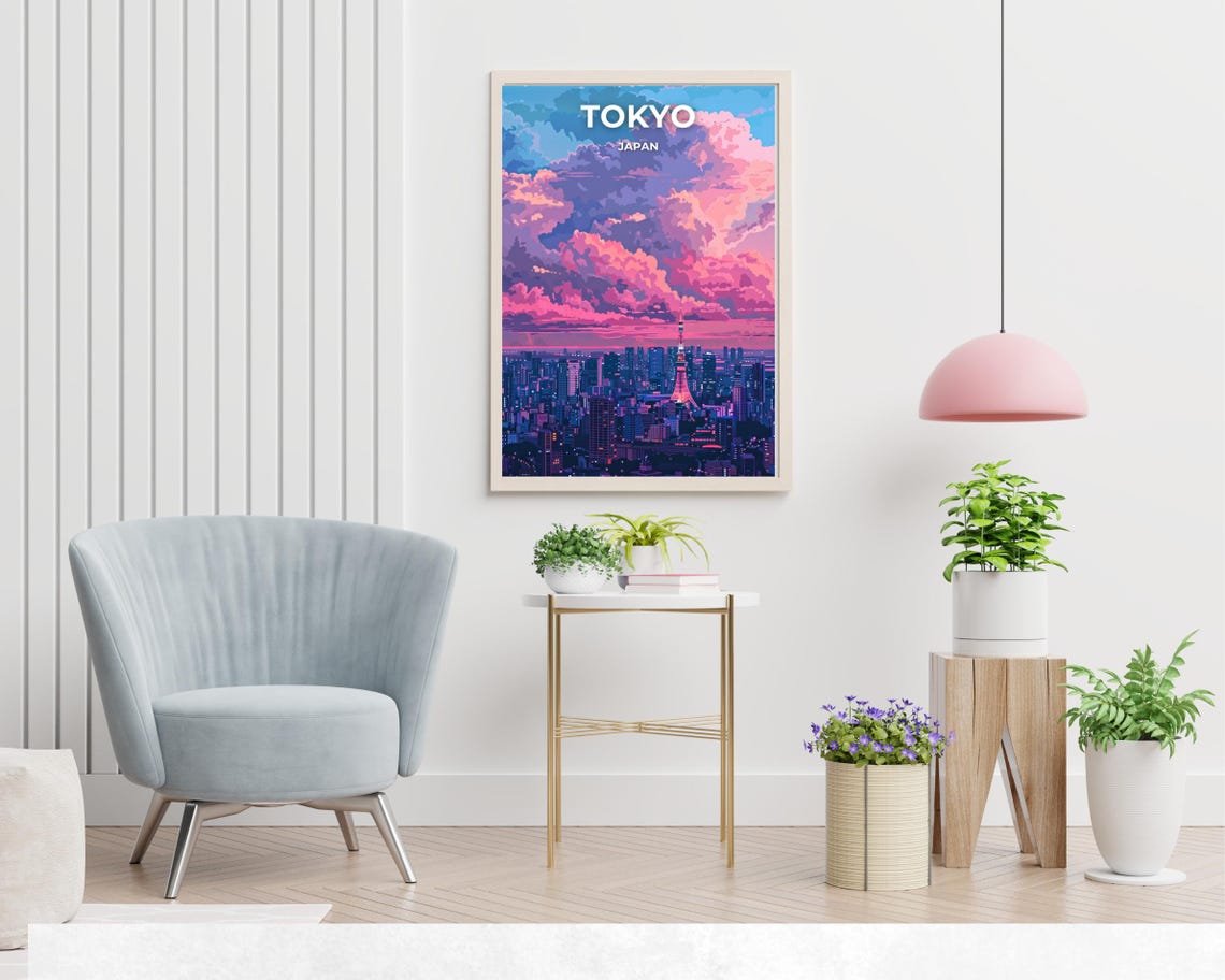 Tokyo Japan Tower Dusk Pink Cloud Neon Skyline Travel Poster - Image 2