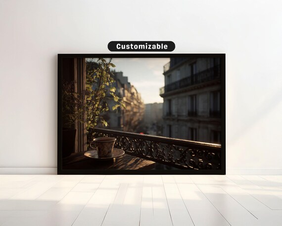 Parisian Balcony Coffee Cup at Dawn Iron Railing City View Print