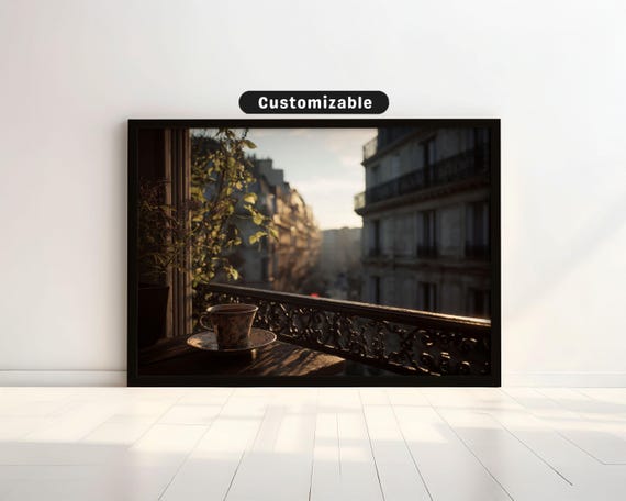 Parisian Balcony With Iron Railing And Coffee Cup At Dawn Travel Wall Art Print Scenic Landscape Decor
