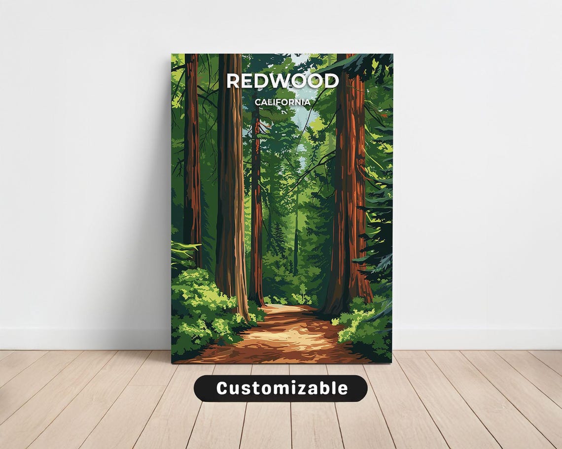 Redwood California Canvas Poster Towering Forest Trail Vintage Art