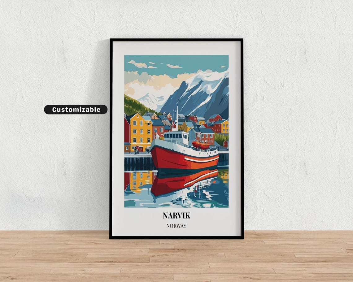 Narvik Norway Harbor Red Ship Mountains Scenic Retro Travel Poster