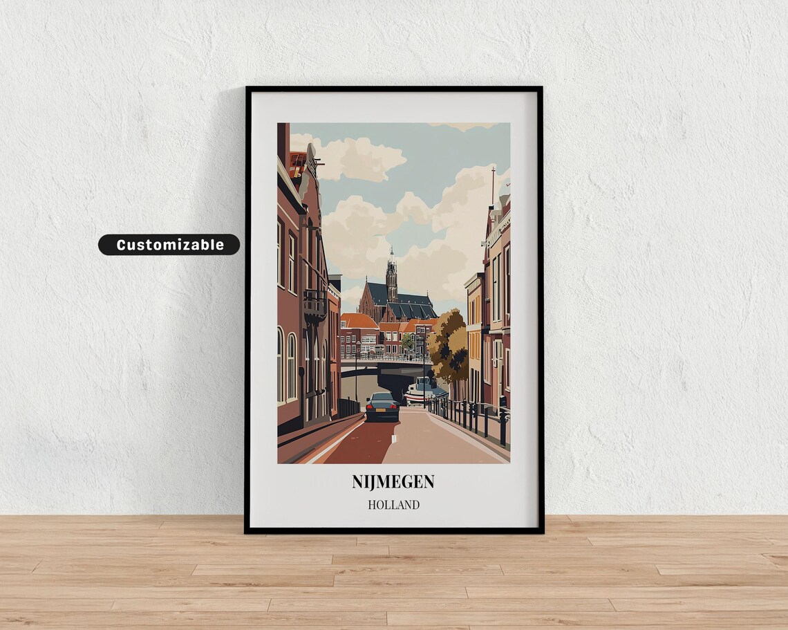 Nijmegen Holland Canal Bridge Street and Old Church Travel Poster