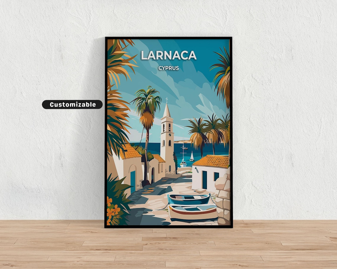 Larnaca Cyprus Seaside Village Church Palms Vintage Travel Poster