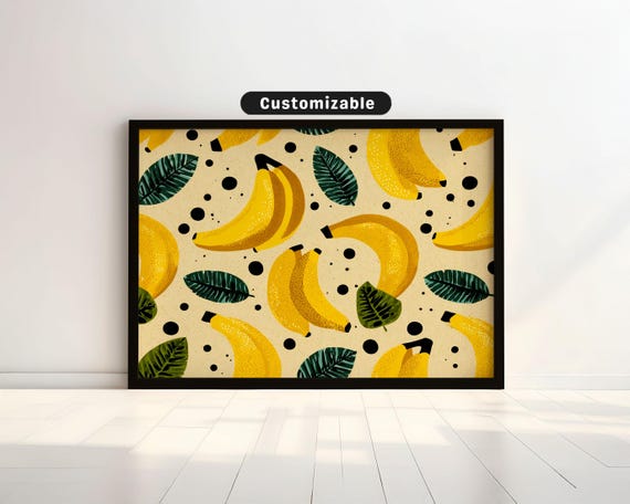 Playful Banana Pattern With Dots And Leaves Bold Wall Art Mediterranean Botanical Decor