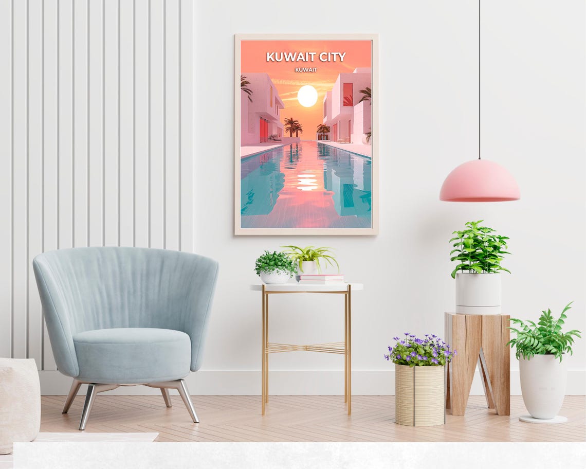 Kuwait City Modern Villa Pool Sunset Palm Trees Minimal Travel Poster - Image 2