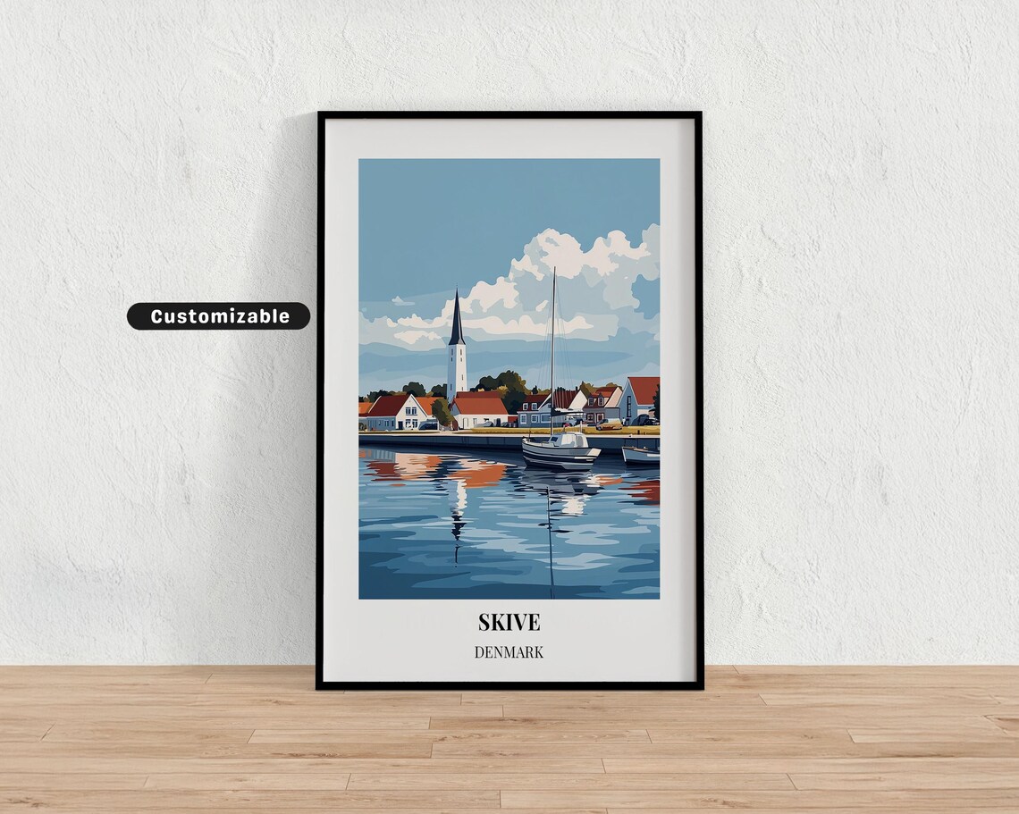 Skive Denmark Harbor Town Church Spire Sailboats Travel Poster