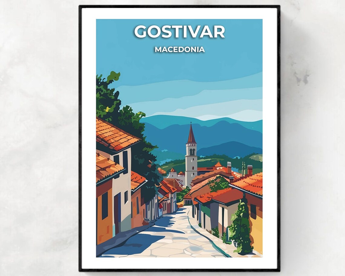 Gostivar Cobblestone Street with Church Tower Macedonia Poster