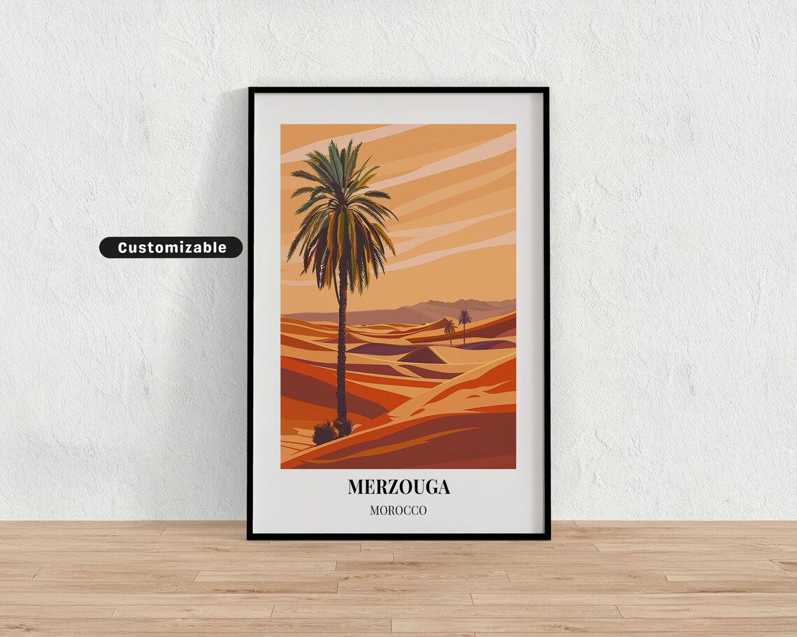 Merzouga Morocco Sahara Desert Palm Golden Dunes Travel Poster