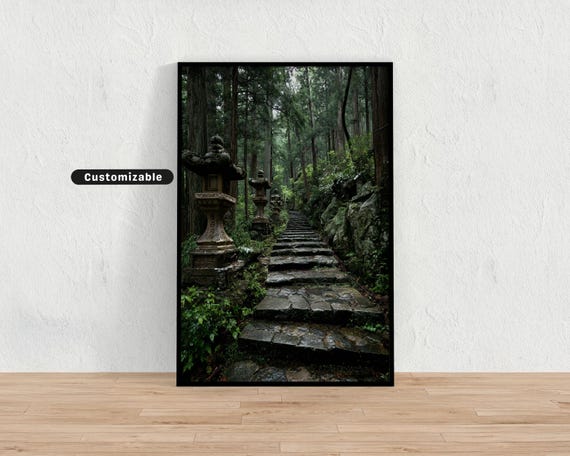 Shinto Shrine Steps Leading Through Forest With Stone Lanterns Japanese Wall Art Print Zen Asian Decor