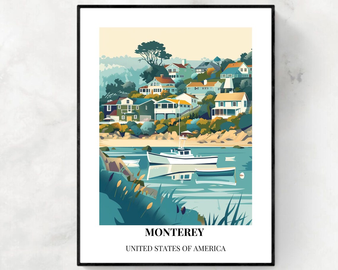Monterey California Harbor Fishing Boats Vintage Travel Poster