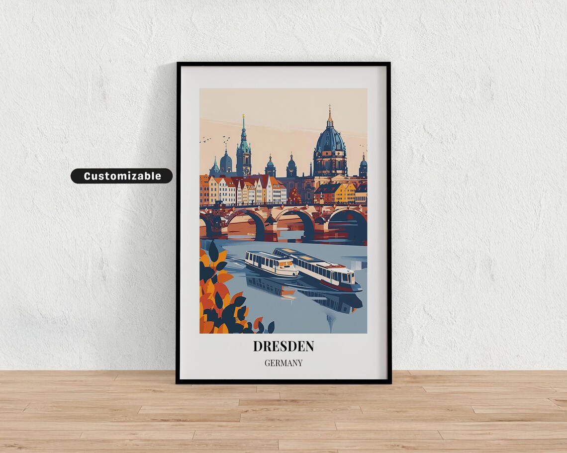 Dresden Germany Elbe River Boats Bridge Baroque Skyline Poster