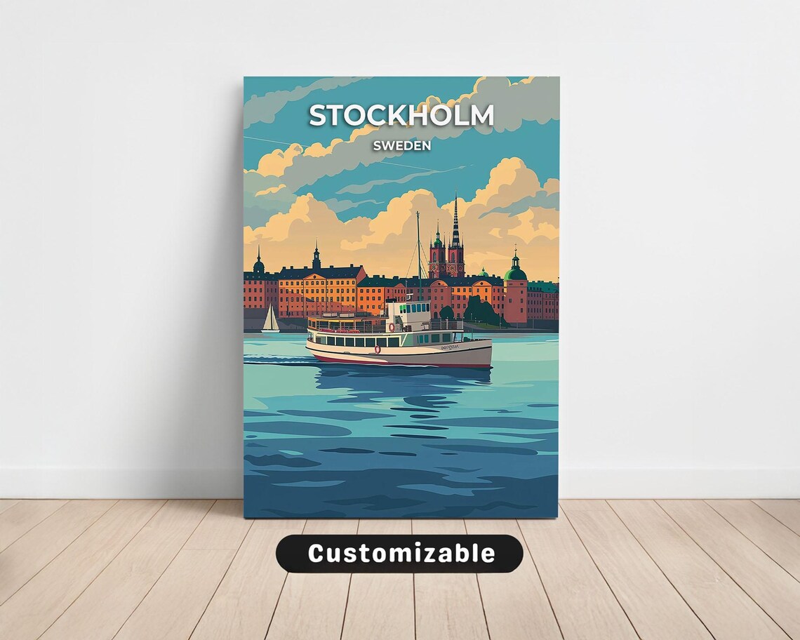 Stockholm Sweden Harbor Ferry Vintage Travel Poster Customizable