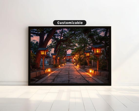 Lanternlit Path Leading To Shinto Shrine At Dusk Japanese Wall Art Print Zen Asian Decor