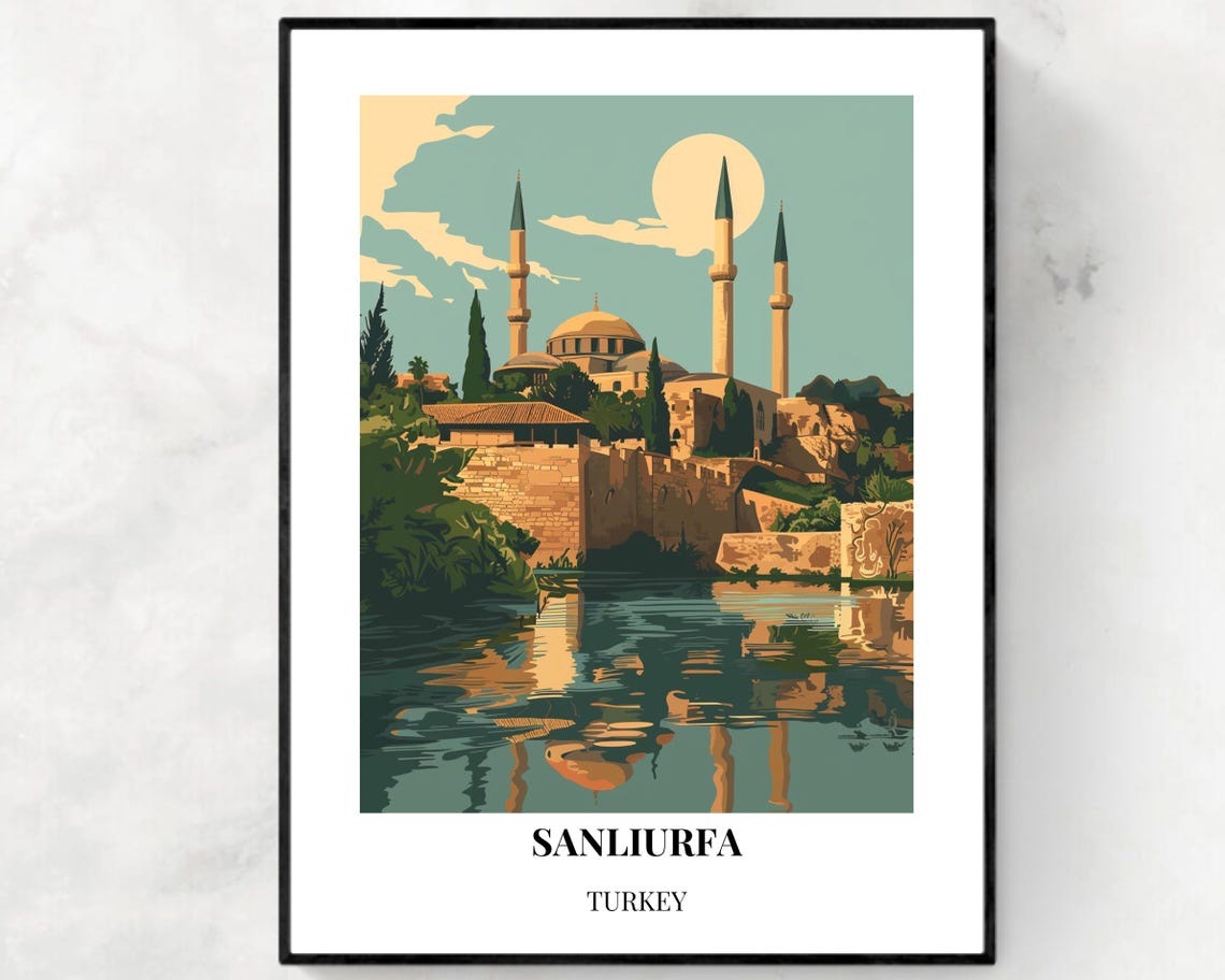 Sanliurfa Turkey Mosque Lakeside Reflection Vintage Travel Poster