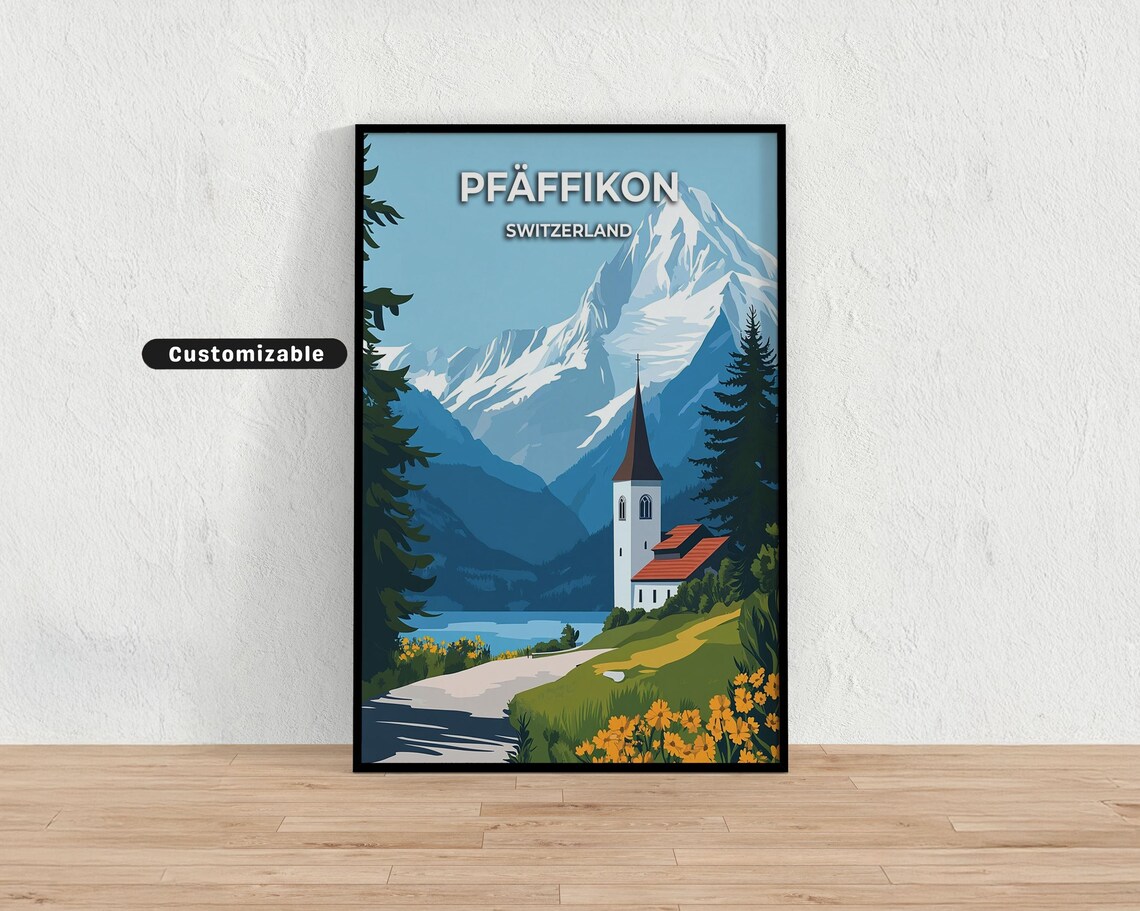 Pfaffikon Switzerland Lakeside Church Travel Poster Wildflowers Peak