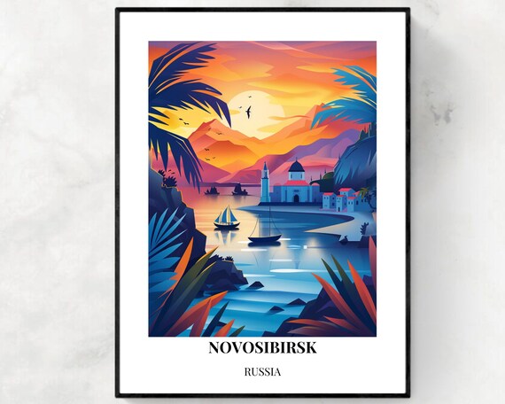 Novosibirsk Russia Sunset Bay With Palm Trees And Boats Poster