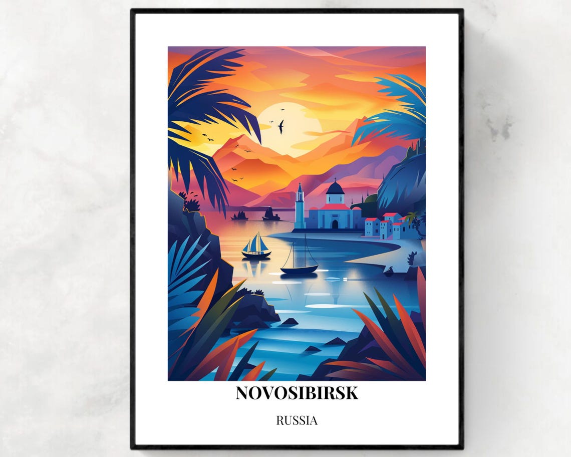 Novosibirsk Russia Sunset Bay With Palm Trees And Boats Poster