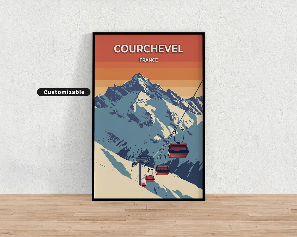 Courchevel France Orange Sunset Cable Cars Alpine Ski Travel Poster