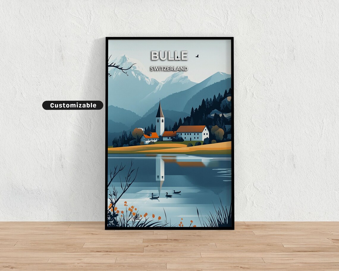 Bulle Switzerland Lakeside Church and Mountains Vintage Travel Poster