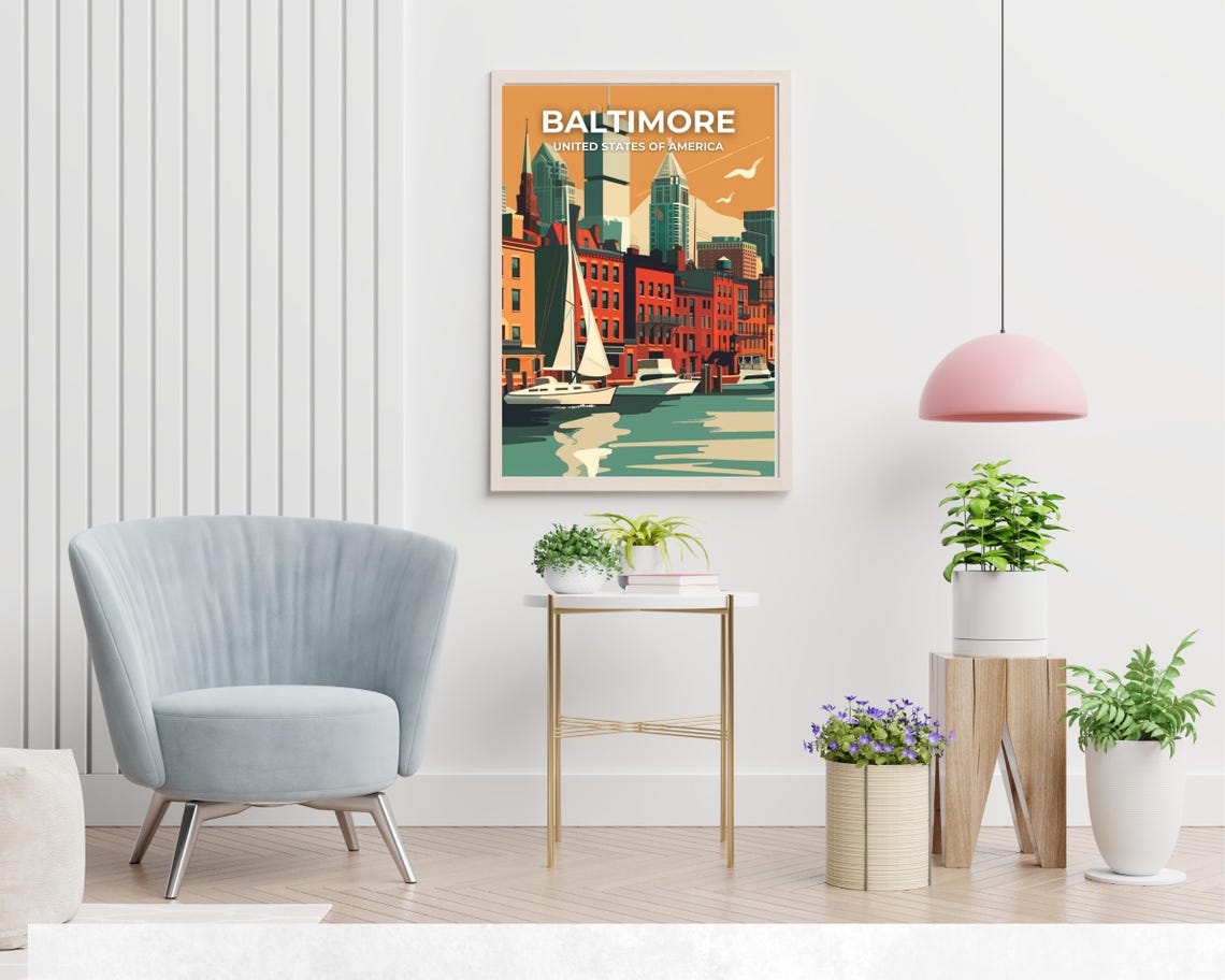 Baltimore Harbor Sailboats Brick Waterfront Top Title Travel Poster - Image 2