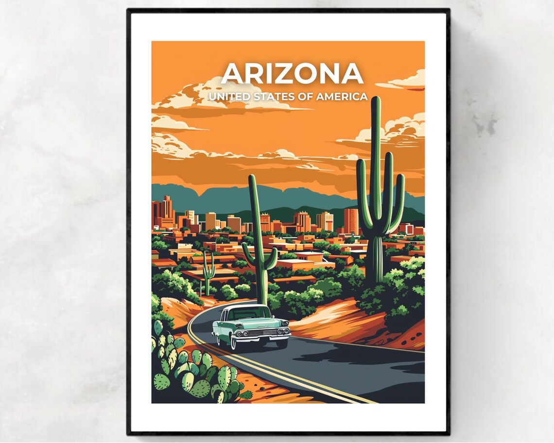 Arizona Desert Road Saguaro Cacti Vintage Car Poster Top Text