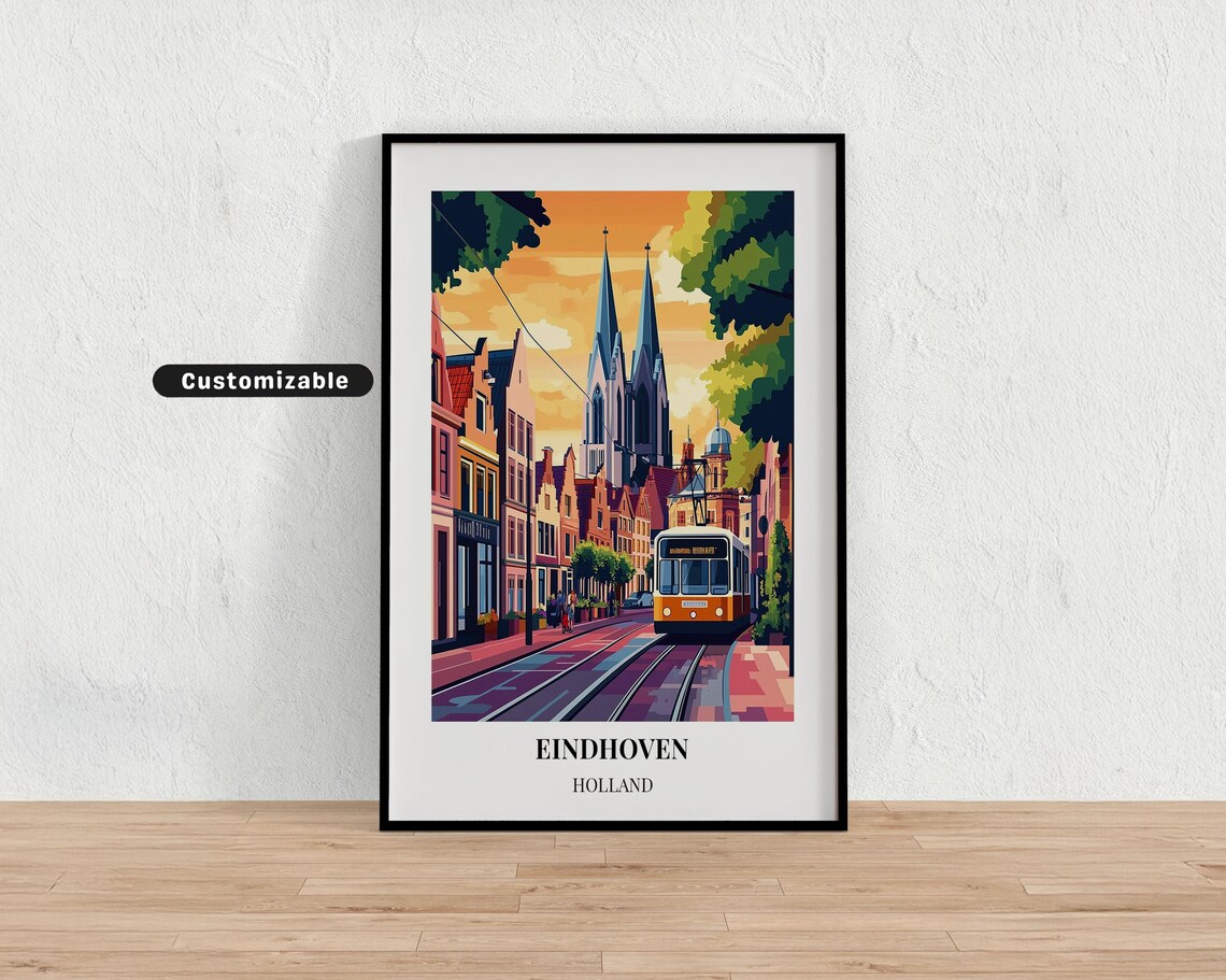 Eindhoven Holland Tram Street and Church Spires Retro Travel Poster