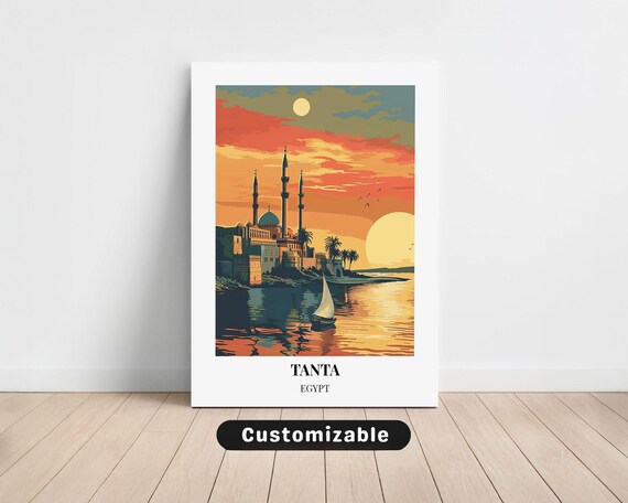 Tanta Egypt Travel Poster with Mosque Minarets and Sunset Over Water View