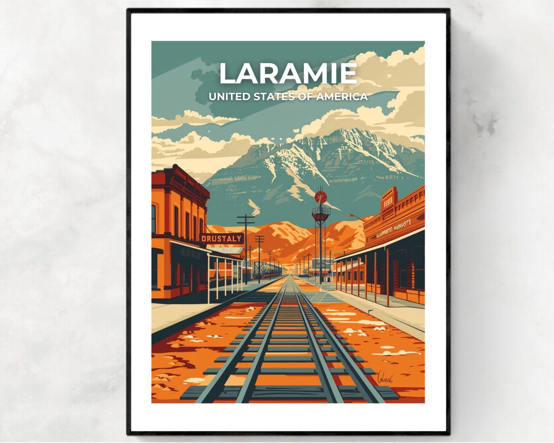 Laramie Railroad Tracks Mountain Town Sky Banner Travel Poster