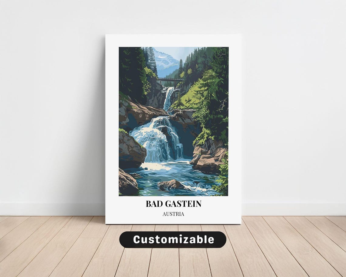 Bad Gastein Austria Waterfall Canyon Alpine Vintage Travel Poster