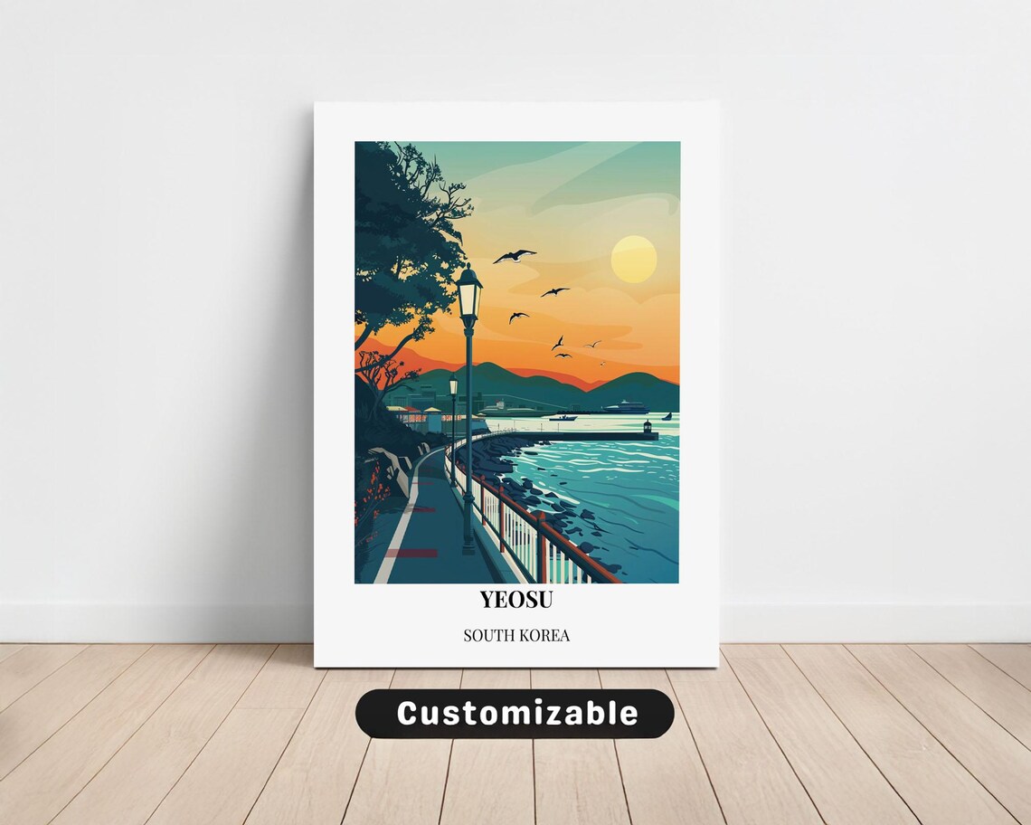 Yeosu South Korea Sunset Harbor Promenade Vintage Travel Poster