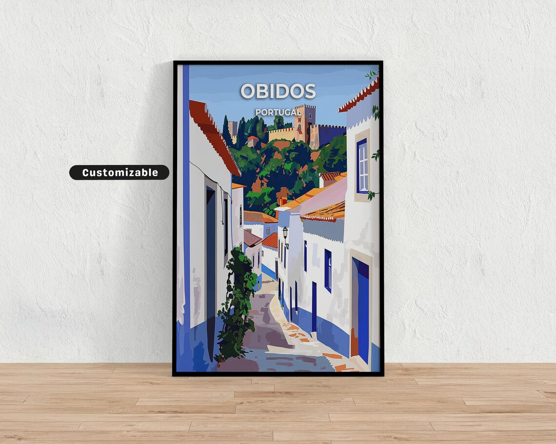 Obidos Portugal Whitewashed Street Castle Vintage Travel Poster
