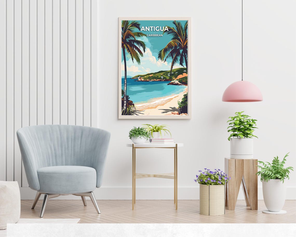 Antigua Caribbean Sandy Beach Palm Framed Turquoise Bay Poster - Image 2