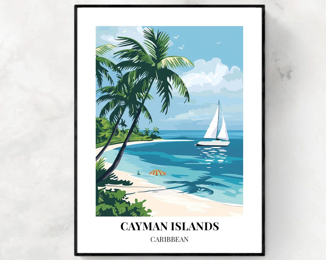 Cayman Islands Caribbean Sailboat Near Beach Umbrella Palms Poster