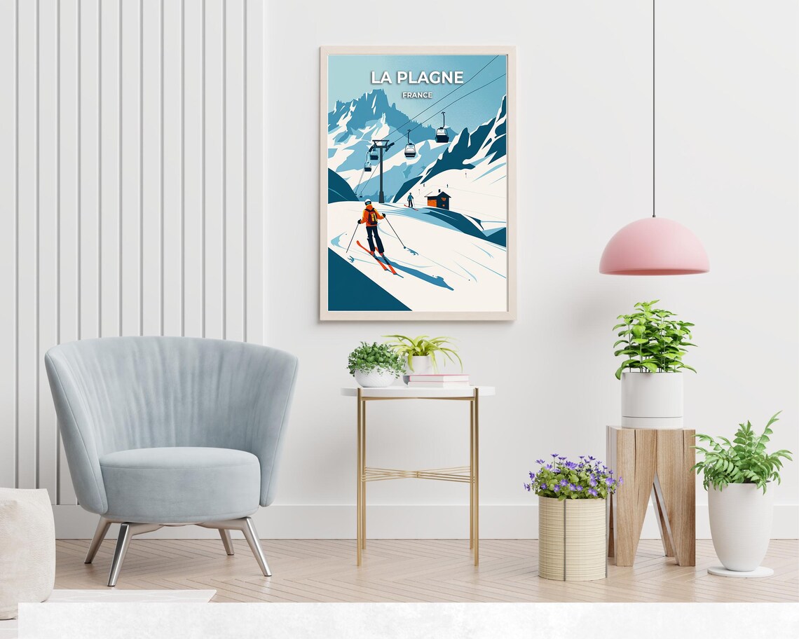 La Plagne France Gondola Skier Sunset Slopes Cabin Travel Poster - Image 2