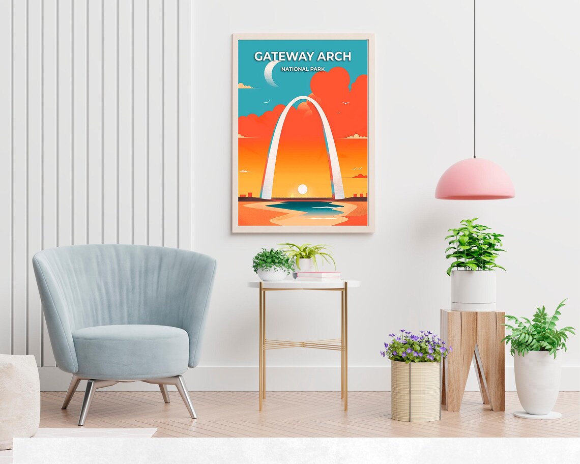 Gateway Arch National Park Bold Orange Sunset Moon Art Poster - Image 2