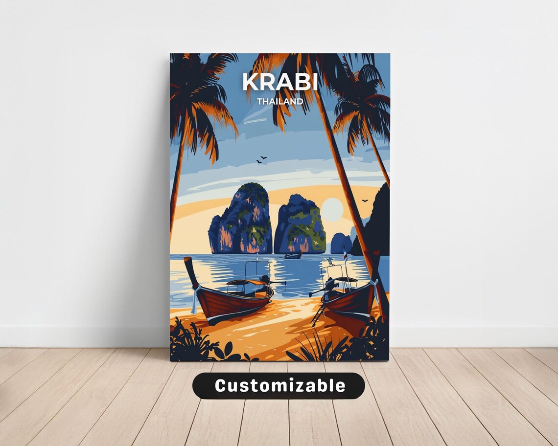 Krabi Thailand Palm Trees Longtail Boats Vintage Travel Poster