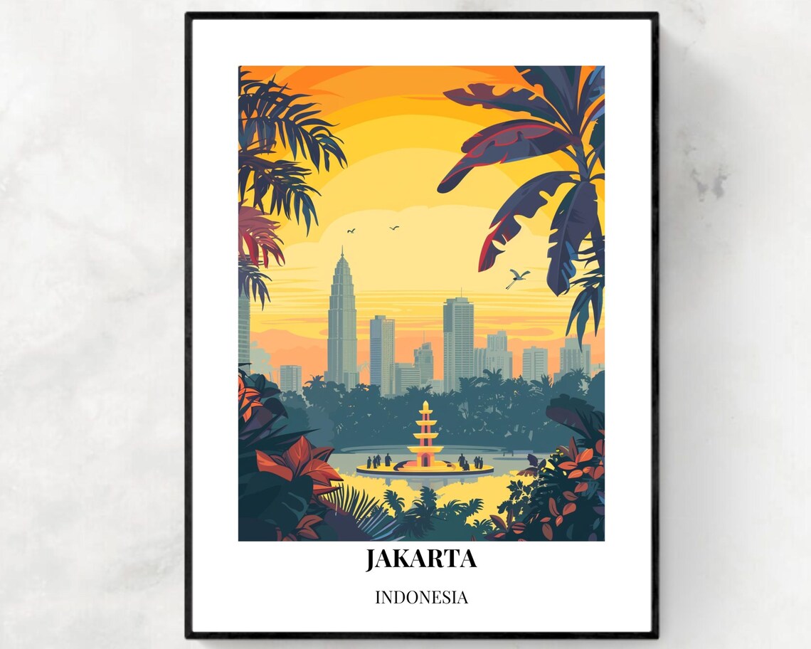 Jakarta Indonesia City Skyline Sunset Through Palm Trees Travel Poster