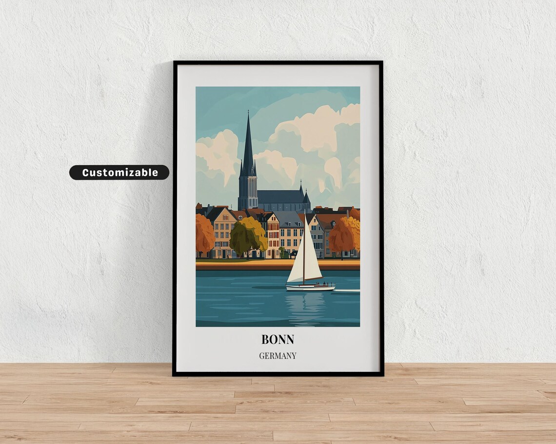 Bonn Germany Rhine Riverside Sailboat Church Spire Travel Poster