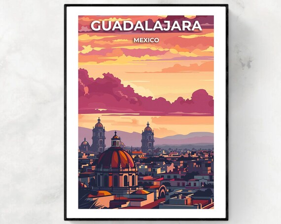 Guadalajara Mexico Cathedral Sunset City Skyline Travel Poster