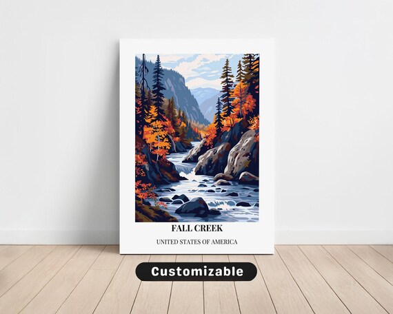 Fall Creek USA Autumn River Gorge Vector Landscape Travel Poster