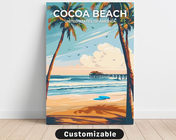 Cocoa Beach Palm Trees Pier Surfboards Vintage Travel Poster
