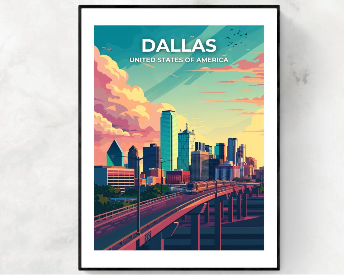 Dallas Skyline Full Bleed Top Text Sunset City Travel Poster