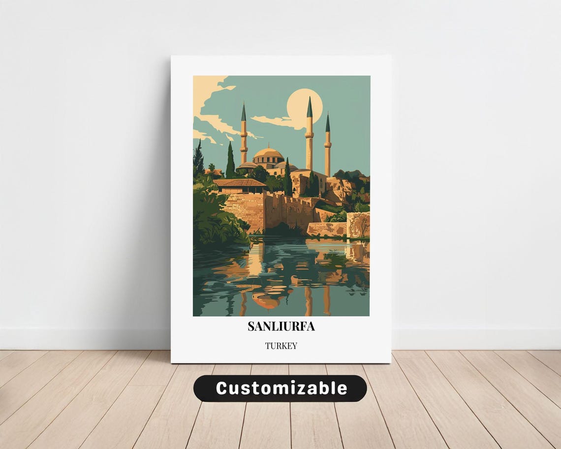 Sanliurfa Turkey Moonlit Mosque Minarets Water Reflection Poster