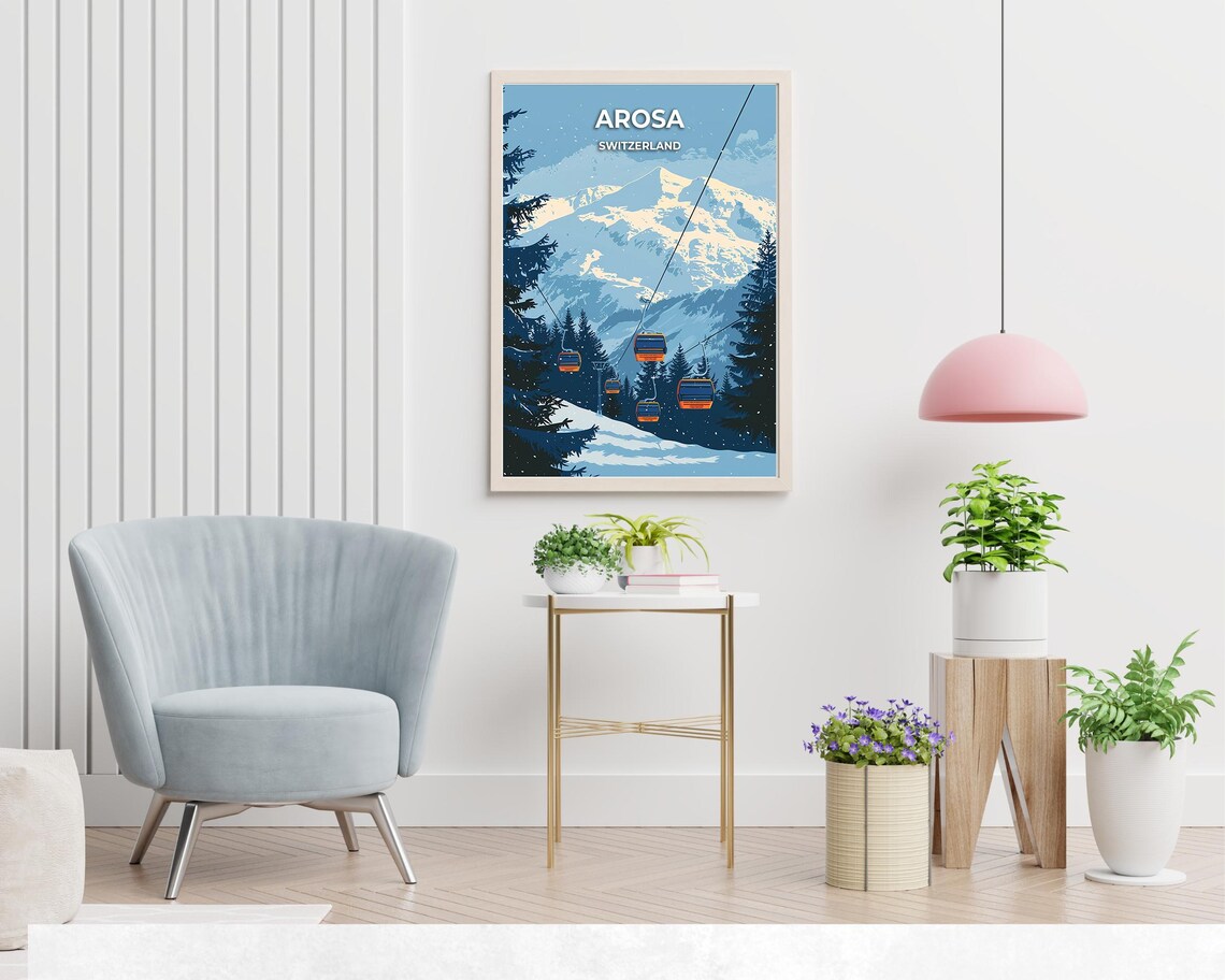 Arosa Switzerland Cable Cars Snowfall Pines Winter Ski Poster - Image 2