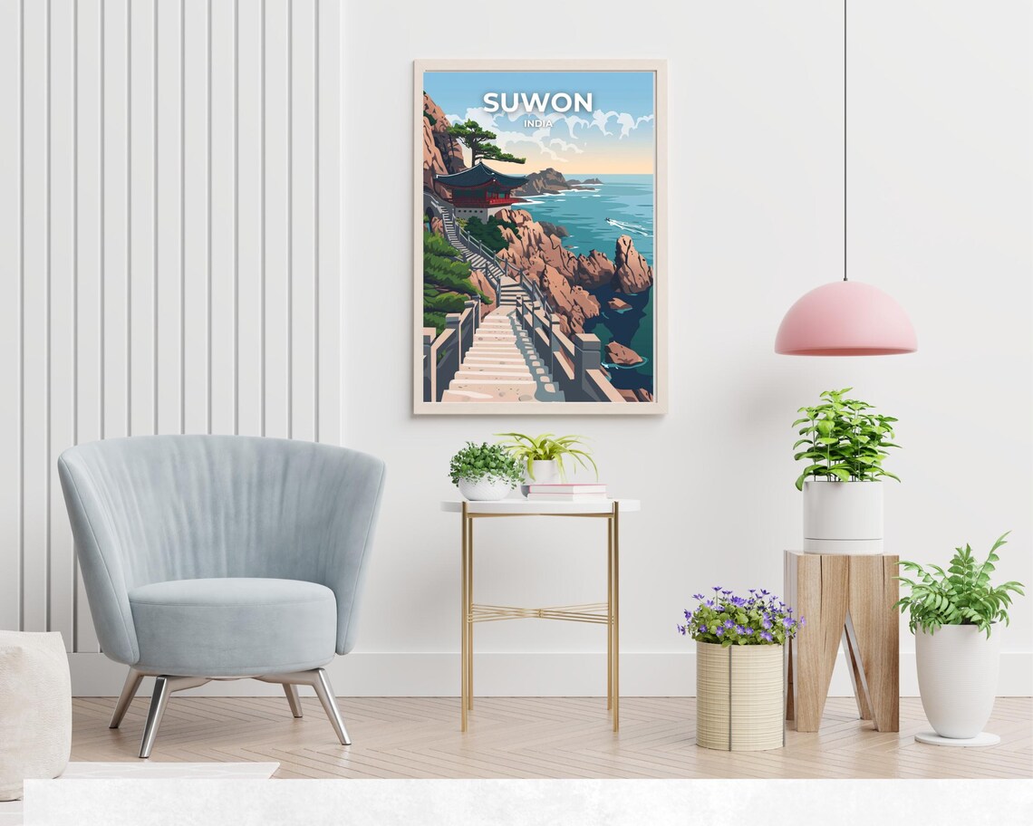 Traditional Korean Coastal Temple Staircase Seascape Travel Poster - Image 2