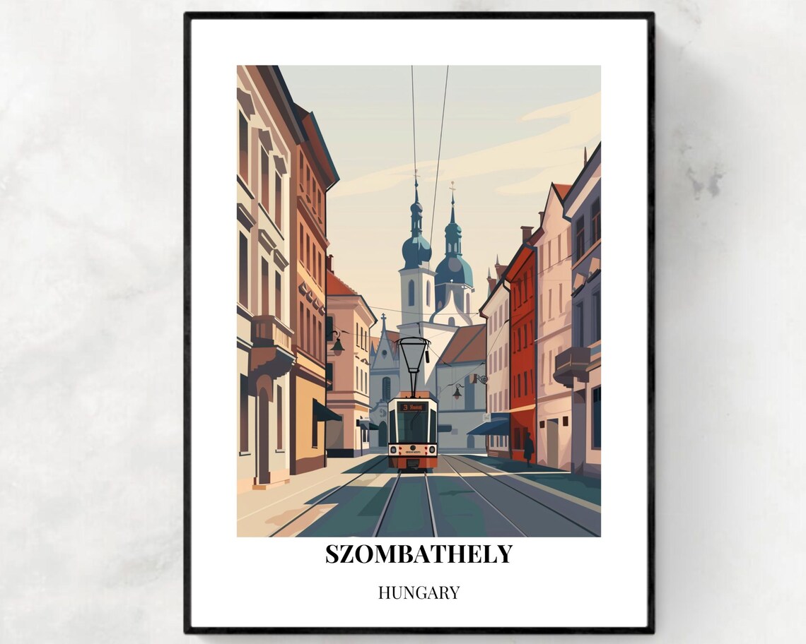 Szombathely Hungary Historic Tram Street Church Towers Poster