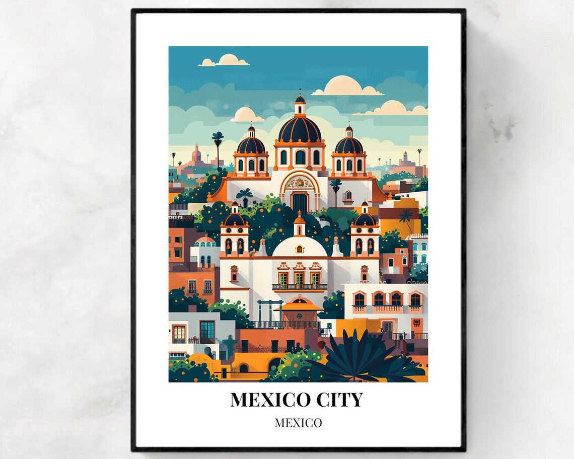Mexico City Colonial Church Domes Daytime Mexico Travel Poster