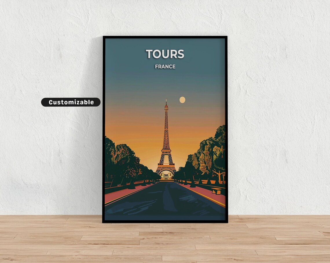 Tours France Travel Art Eiffel Tower Sunset Avenue Trees Vintage Print