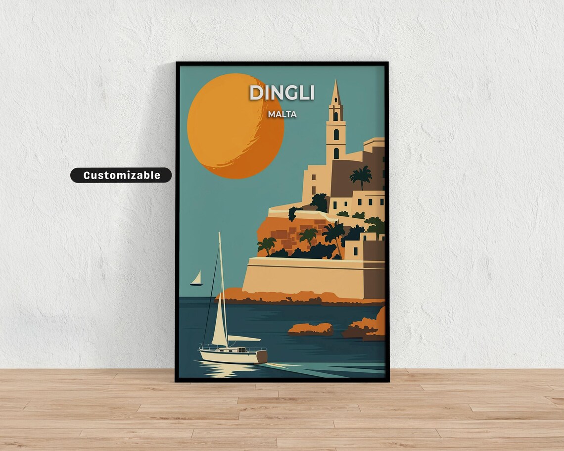 Dingli Malta Coastal Sailboat Cliff Church Sunset Travel Poster
